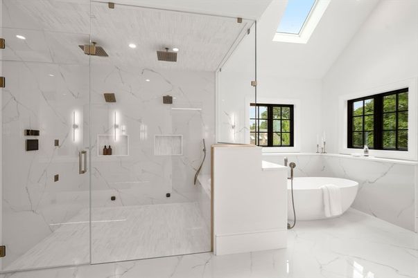 Bathroom, Free Standing Baths, Glass Shower, Interior, Marble, Marble Walls, Recessed Lighting