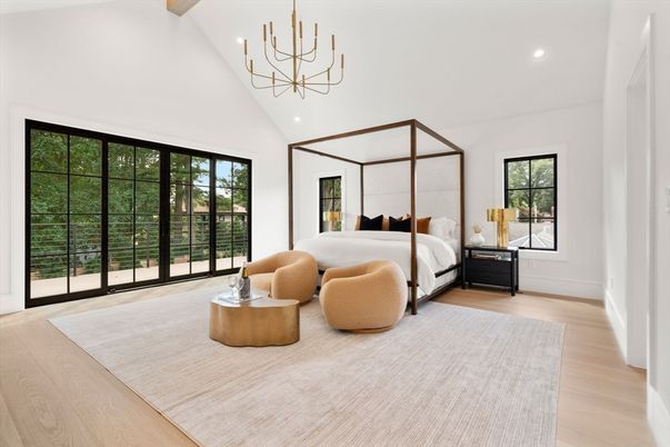 Bedroom, Chandelier, Interior, Recessed Lighting, Wood Texture Flooring