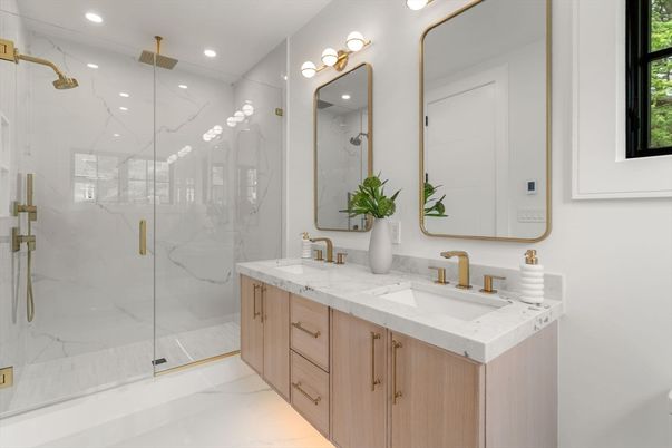 Bathroom, Dual Sink Vanities, Glass Shower, Interior, Marble Walls, Recessed Lighting