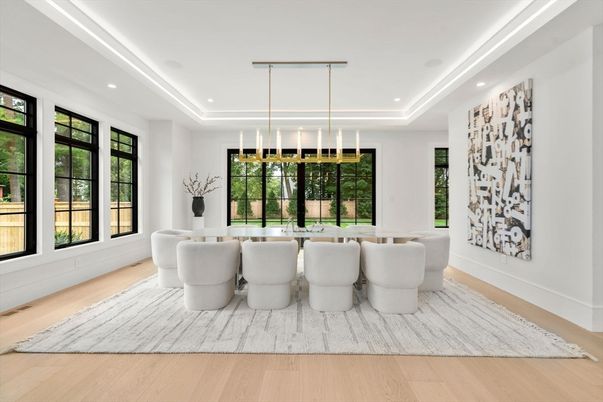 Dining room, Interior, Pendant Lights, Recessed Lighting, Wood Texture Flooring