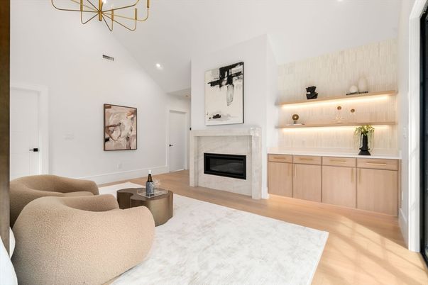 Fireplace, Interior, Living room, Recessed Lighting, Wood Texture Flooring
