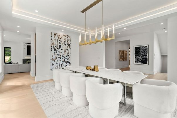 Dining room, Interior, Pendant Lights, Recessed Lighting, Wood Texture Flooring