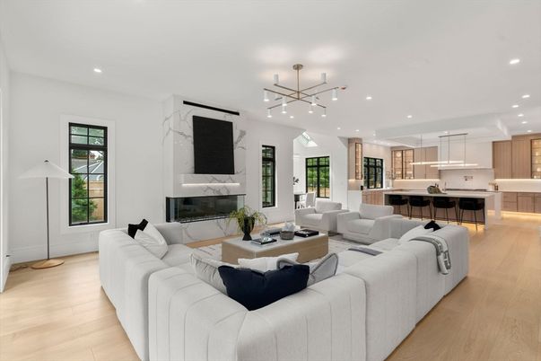 Fireplace, Interior, Kitchen, Living room, Marble Walls, Pendant Lights, Recessed Lighting, Wood Texture Flooring