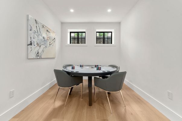 Dining room, Game Room, Interior, Recessed Lighting, Wood Texture Flooring
