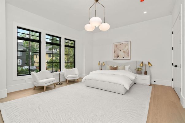 Bedroom, Interior, Pendant Lights, Recessed Lighting, Wood Texture Flooring