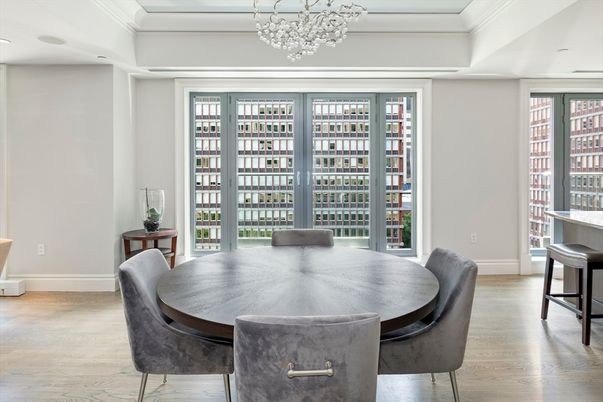 Chandelier, Dining room, Interior, Recessed Lighting, Wood Texture Flooring