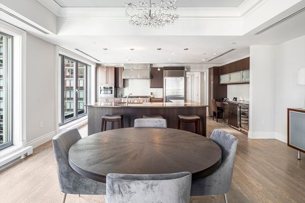 Dining room, Interior, Kitchen, Pendant Lights, Recessed Lighting, Stainless Steel Appliances, Wood Texture Flooring