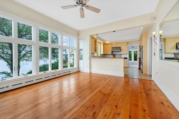 Empty room, Interior, Kitchen, Pendant Lights, Wood Texture Flooring