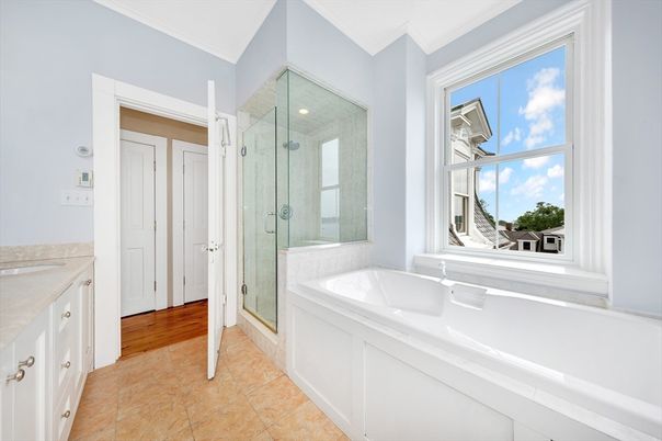 Bathroom, Glass Shower, Interior, Recessed Lighting, Wood Texture Flooring