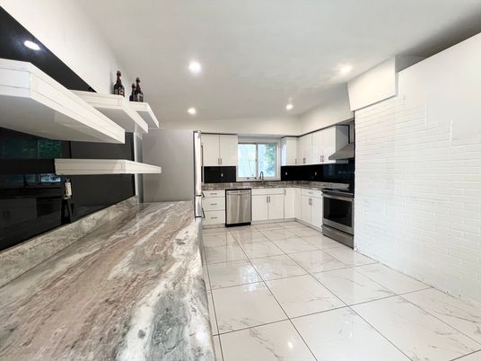 Interior, Kitchen, Marble, Recessed Lighting, Stainless Steel Appliances