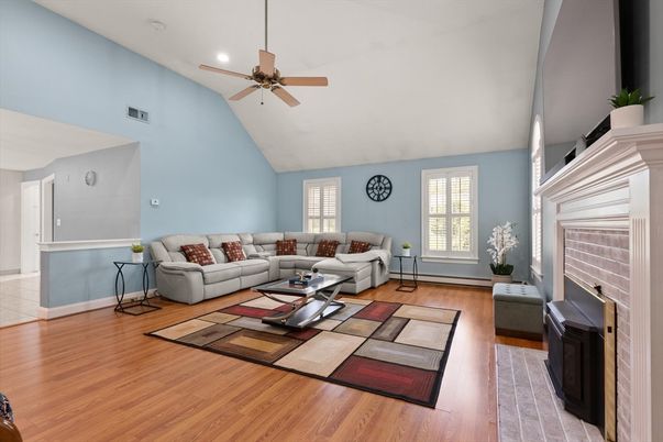 Fireplace, Interior, Living room, Recessed Lighting, Wood Texture Flooring