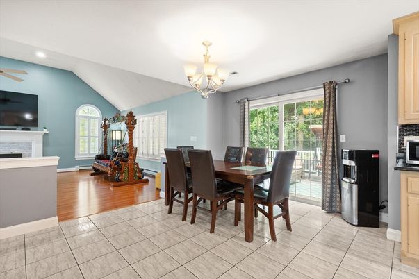 Chandelier, Dining room, Fireplace, Interior, Recessed Lighting, Wood Texture Flooring