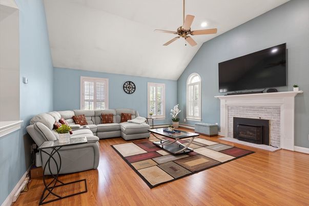 Fireplace, Interior, Living room, Recessed Lighting, Wood Texture Flooring