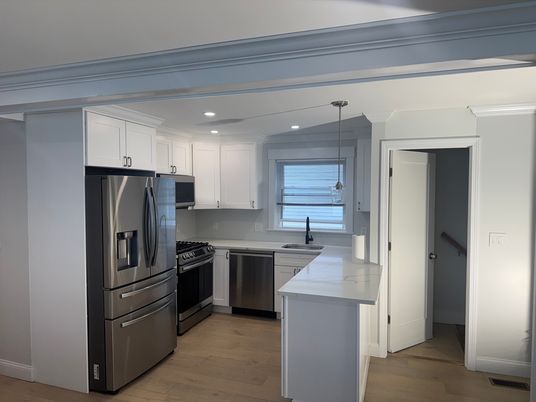 Interior, Kitchen, Pendant Lights, Recessed Lighting, Stainless Steel Appliances, Wood Texture Flooring