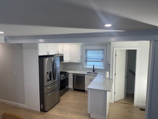 Interior, Kitchen, Recessed Lighting, Stainless Steel Appliances, Wood Texture Flooring