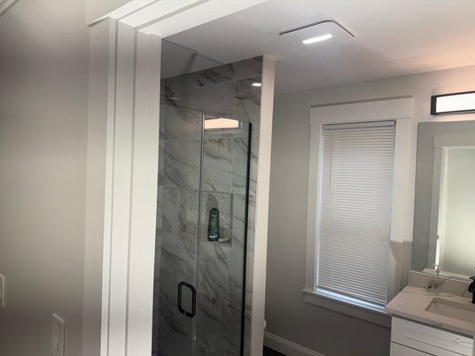 Bathroom, Glass Shower, Interior, Marble Walls, Recessed Lighting