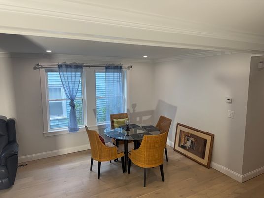 Dining room, Interior, Recessed Lighting, Wood Texture Flooring