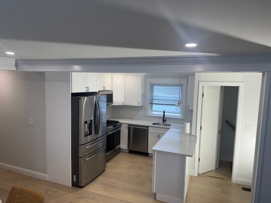 Interior, Kitchen, Recessed Lighting, Stainless Steel Appliances, Wood Texture Flooring