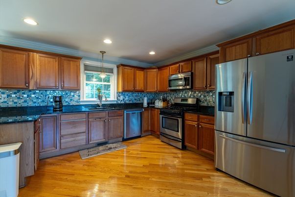 Interior, Kitchen, Pendant Lights, Recessed Lighting, Stainless Steel Appliances, Wood Texture Flooring