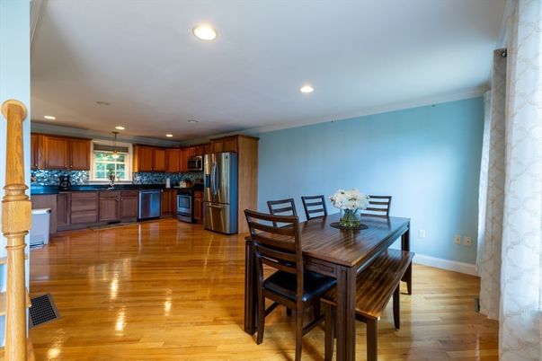 Dining room, Interior, Kitchen, Recessed Lighting, Stainless Steel Appliances, Wood Texture Flooring