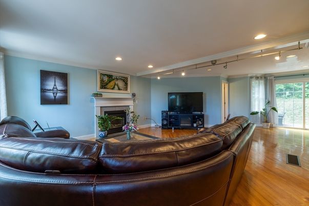 Fireplace, Interior, Living room, Recessed Lighting, Wood Texture Flooring