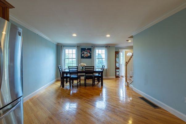 Dining room, Interior, Recessed Lighting, Wood Texture Flooring