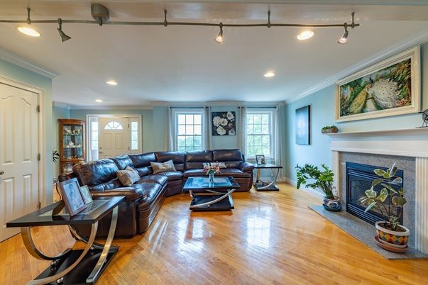 Fireplace, Interior, Living room, Recessed Lighting, Wood Texture Flooring
