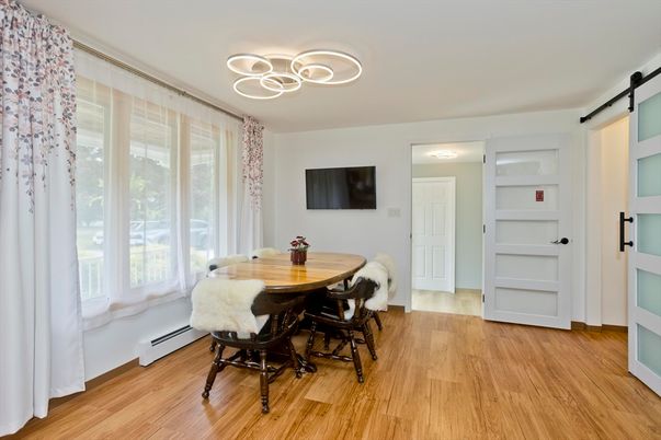 Dining room, Interior, Pendant Lights, Wood Texture Flooring