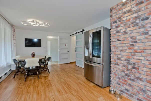 Dining room, Interior, Kitchen, Stainless Steel Appliances, Stone Walls, Wood Texture Flooring