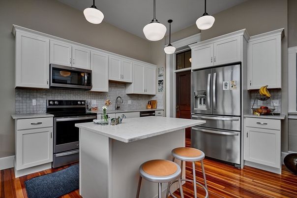 Interior, Kitchen, Pendant Lights, Stainless Steel Appliances, Wood Texture Flooring
