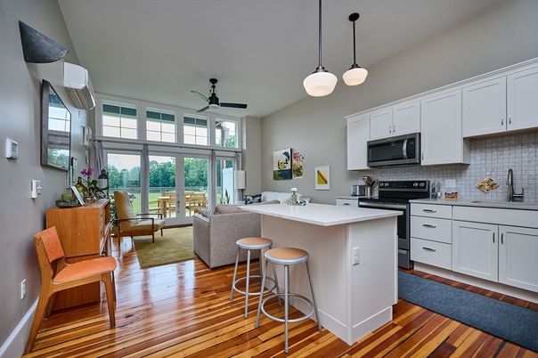 Interior, Kitchen, Living room, Pendant Lights, Wood Texture Flooring