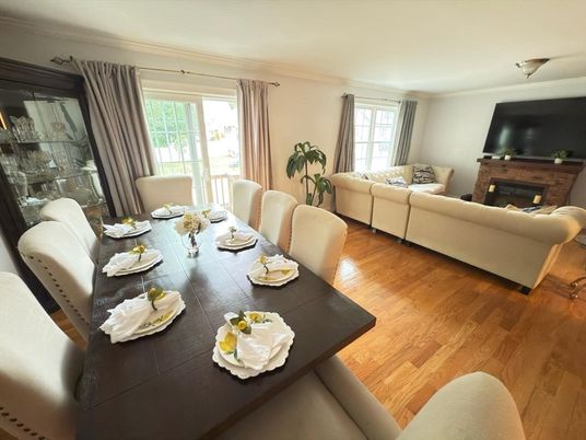 Dining room, Fireplace, Interior, Living room, Wood Texture Flooring