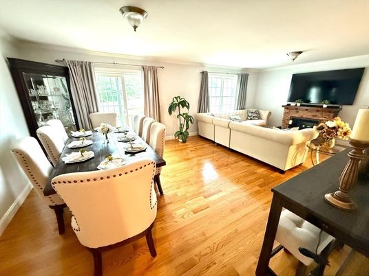 Dining room, Fireplace, Interior, Living room, Wood Texture Flooring