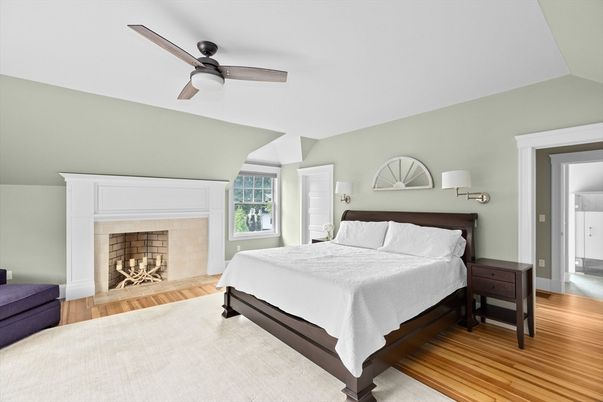 Bedroom, Fireplace, Interior, Wood Texture Flooring