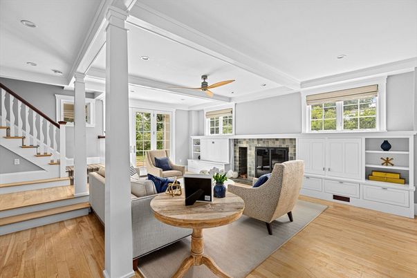 Fireplace, Interior, Living room, Recessed Lighting, Wood Texture Flooring