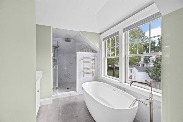 Bathroom, Free Standing Baths, Glass Shower, Interior, Marble Walls