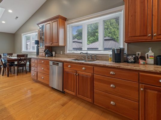 Dining room, Interior, Kitchen, Recessed Lighting, Stainless Steel Appliances, Wood Texture Flooring