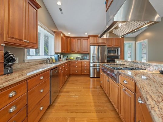 Interior, Kitchen, Recessed Lighting, Stainless Steel Appliances, Wood Texture Flooring