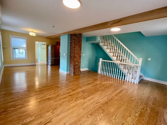 Empty room, Interior, Recessed Lighting, Stone Walls, Wood Texture Flooring