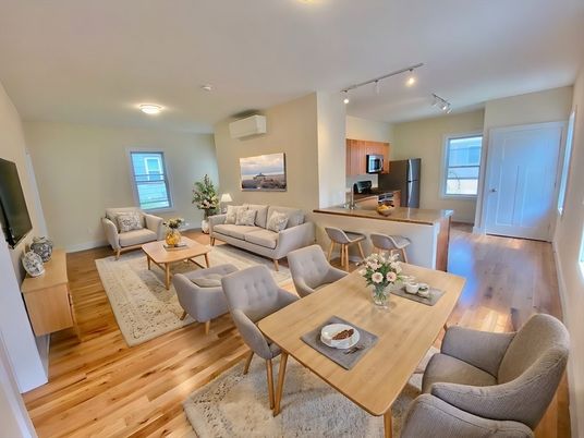 Dining room, Interior, Kitchen, Living room, Stainless Steel Appliances, Wood Texture Flooring
