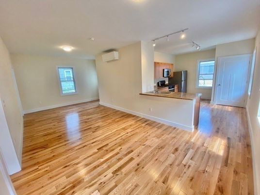 Empty room, Interior, Kitchen, Stainless Steel Appliances, Wood Texture Flooring