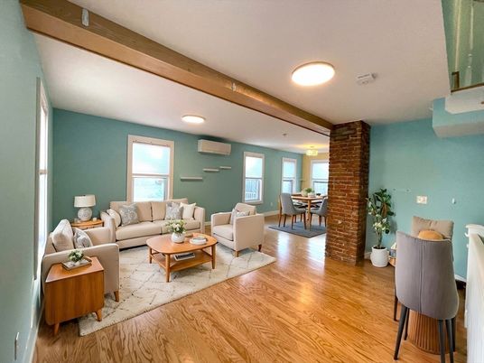Dining room, Interior, Living room, Recessed Lighting, Stone Walls, Wood Texture Flooring