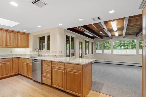 Interior, Kitchen, Recessed Lighting, Stainless Steel Appliances, Wooden Beams, Wooden Ceilings, Wood Texture Flooring