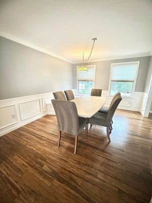 Dining room, Interior, Pendant Lights, Wood Texture Flooring