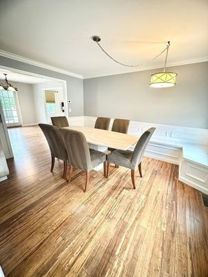 Dining room, Interior, Pendant Lights, Wood Texture Flooring