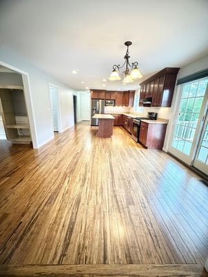 Chandelier, Interior, Kitchen, Recessed Lighting, Stainless Steel Appliances, Wood Texture Flooring