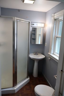 Bathroom, Glass Shower, Interior, Wood Texture Flooring