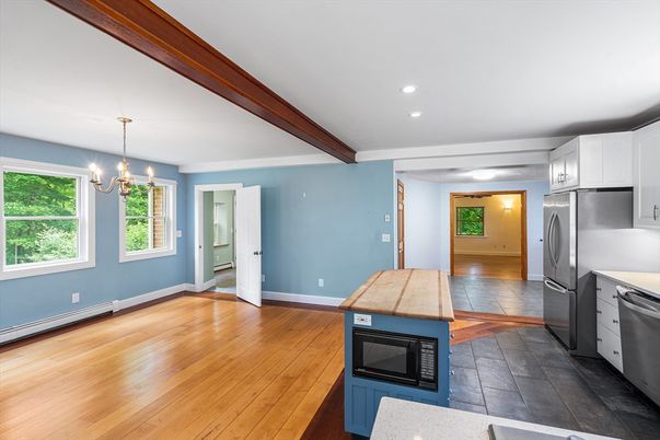 Chandelier, Interior, Kitchen, Recessed Lighting, Wooden Beams, Wood Texture Flooring