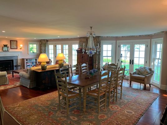 Chandelier, Dining room, Fireplace, Interior, Living room, Recessed Lighting, Wood Texture Flooring