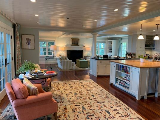 Fireplace, Interior, Kitchen, Living room, Pendant Lights, Recessed Lighting, Wood Texture Flooring